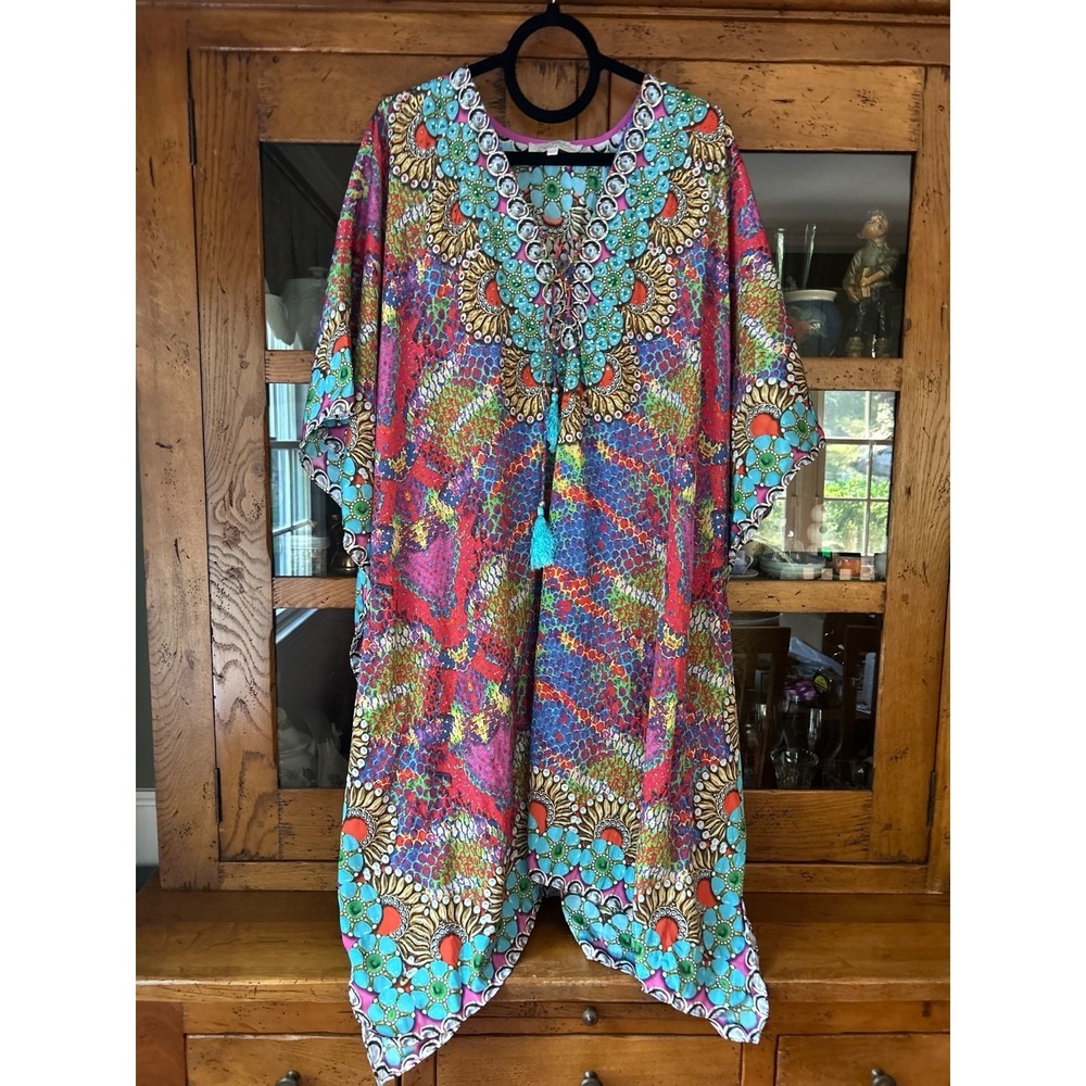 True Colours La Moda Cover Up Resort Beach Kaftan Beads Tassels Pink Blue OS